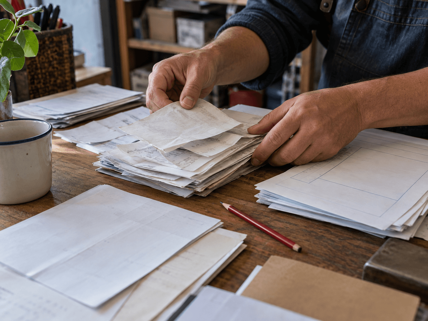 Manos ordenando documentos sobre un escritorio de trabajo