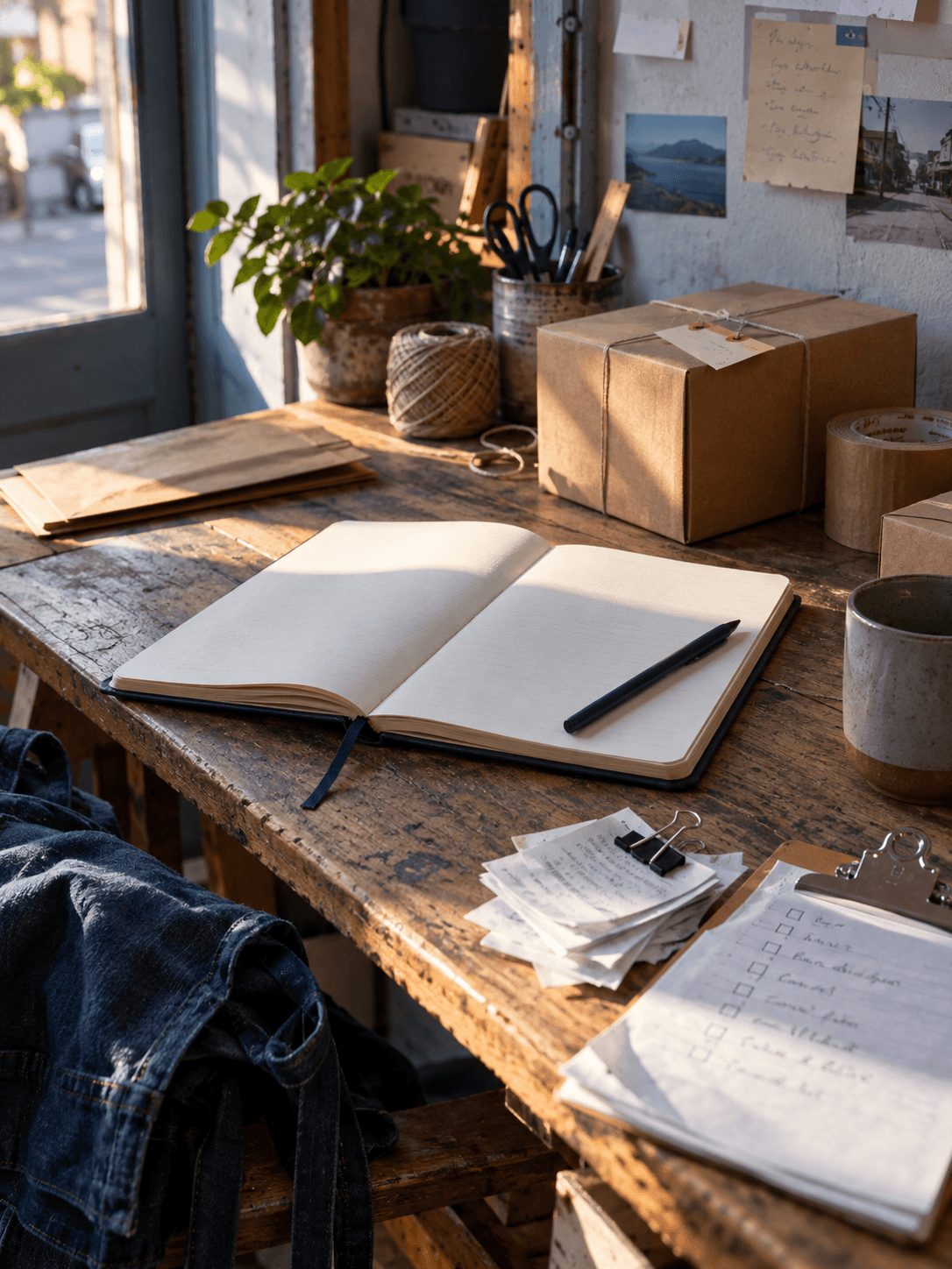 Escritorio de un pequeño emprendimiento con libreta y paquetes